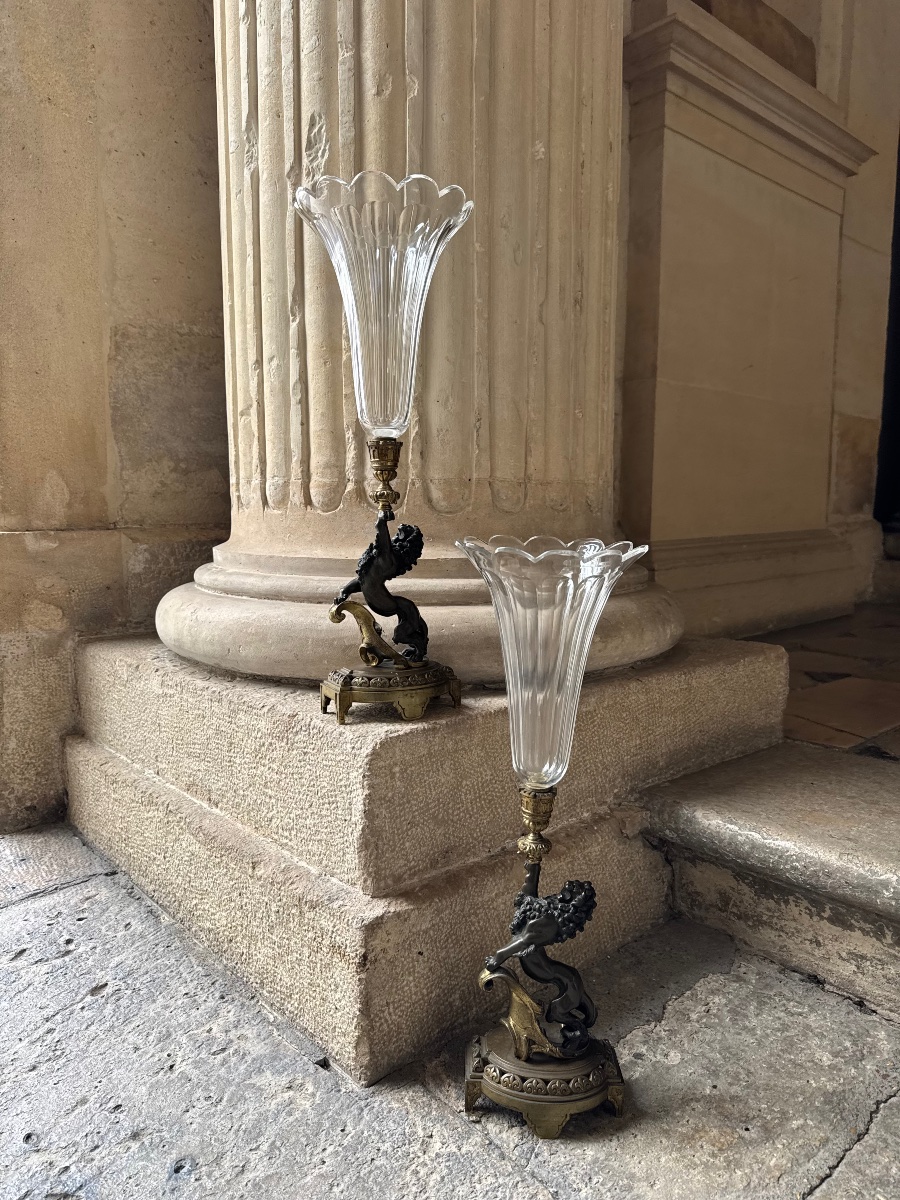Paire De Vases Cornets en Bronze Et Cristal Vers 1880-photo-6