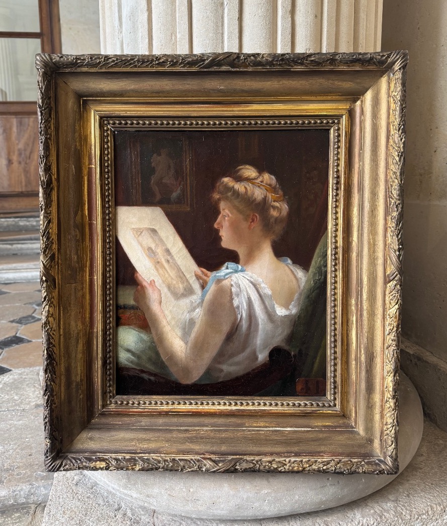 Young Woman Looking At A Watercolor, C. 1900