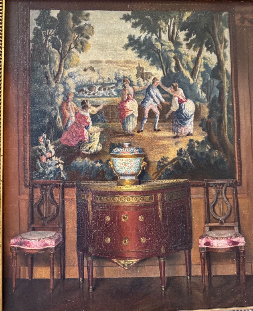 Interior At The Colin Maillard Tapestry, Oil On Canvas Circa 1910-photo-2