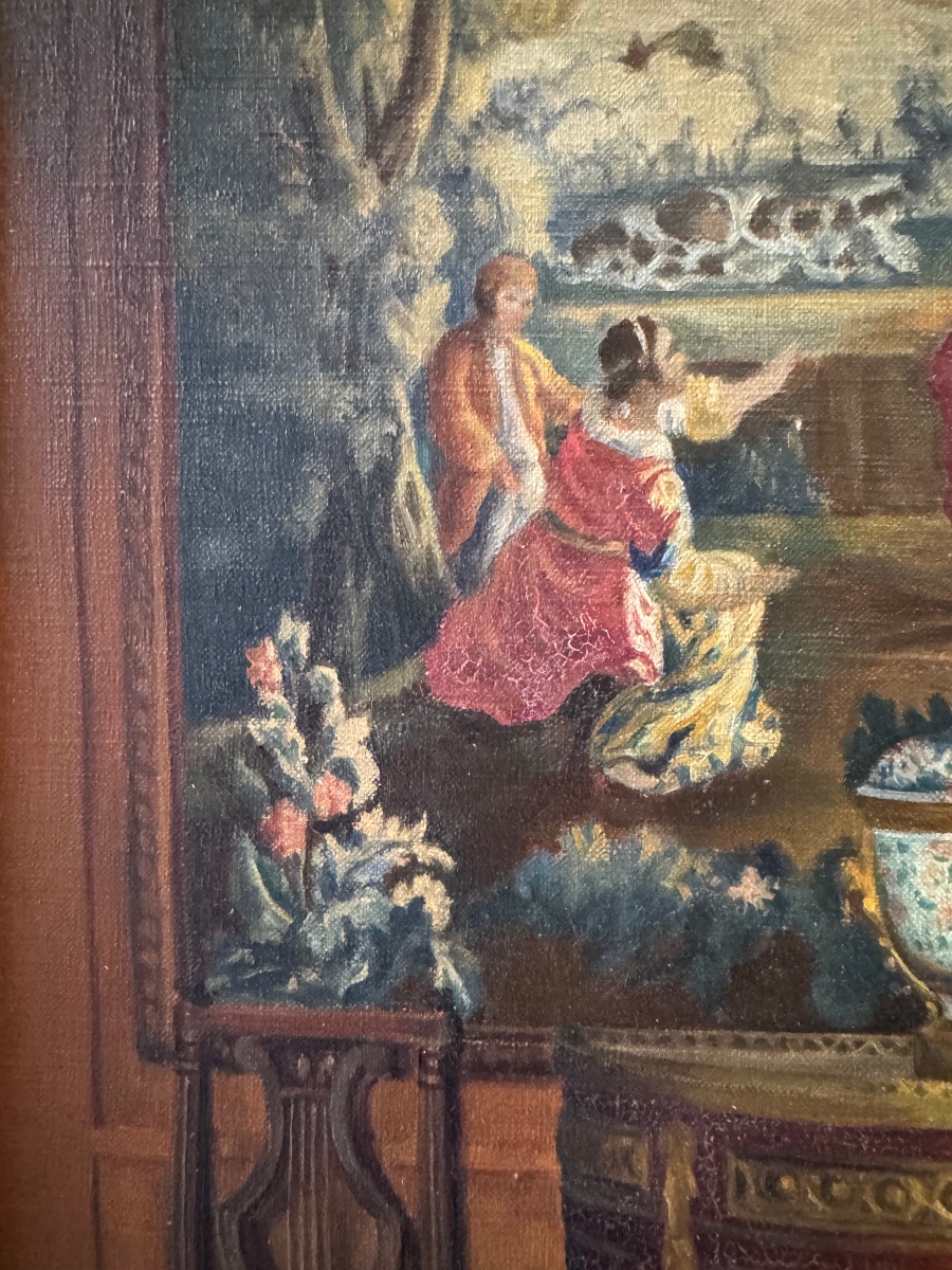 Interior At The Colin Maillard Tapestry, Oil On Canvas Circa 1910-photo-3