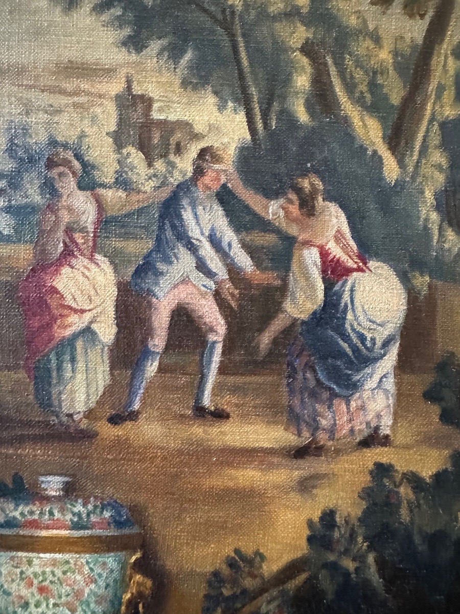 Interior At The Colin Maillard Tapestry, Oil On Canvas Circa 1910-photo-4