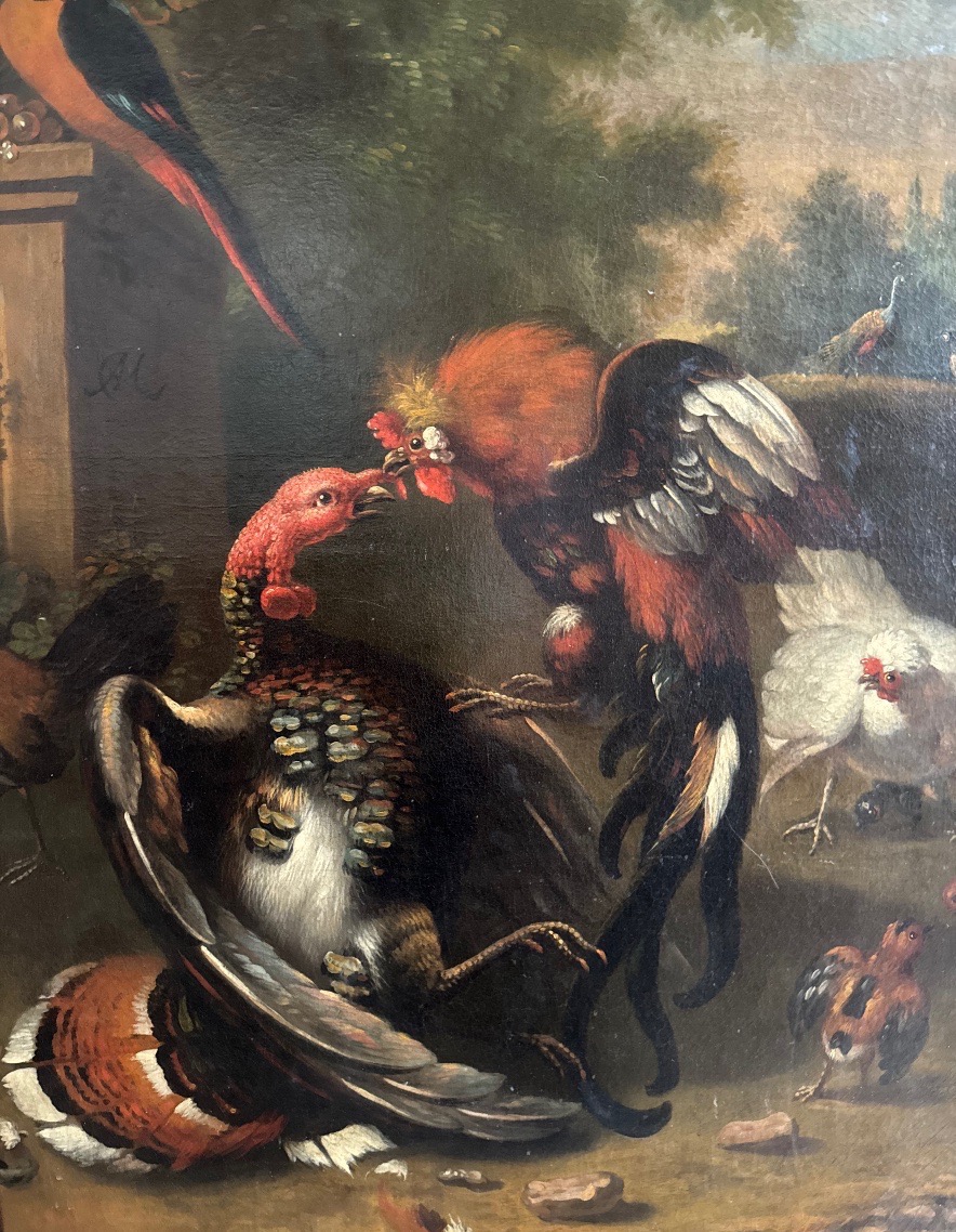 Combat De Volatiles Dans Le Parc d’Un Château, Huile Sur Toile 18ème Siècle-photo-2