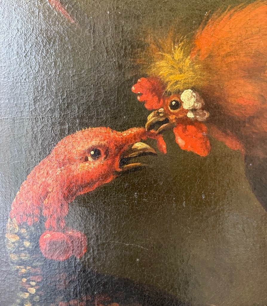 Combat De Volatiles Dans Le Parc d’Un Château, Huile Sur Toile 18ème Siècle-photo-3