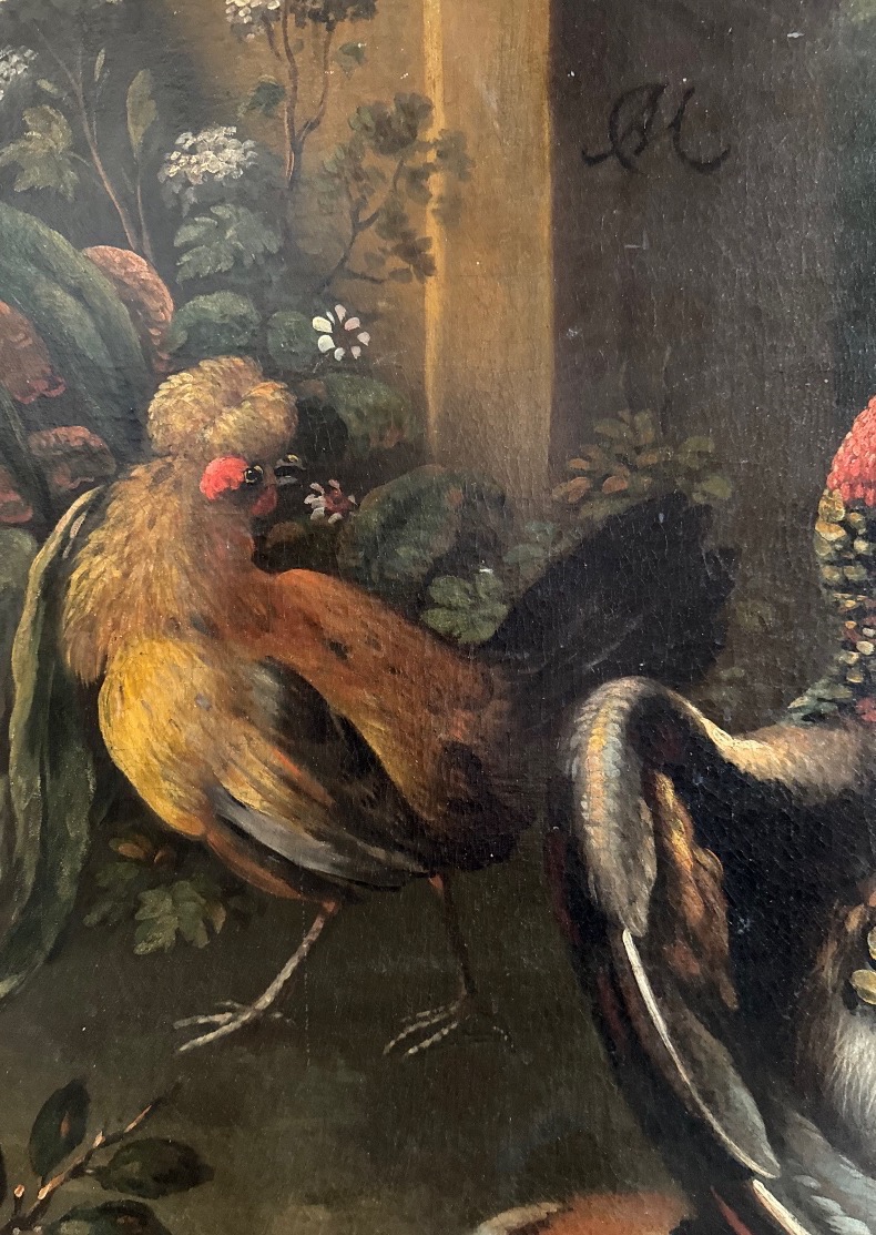 Combat De Volatiles Dans Le Parc d’Un Château, Huile Sur Toile 18ème Siècle-photo-4