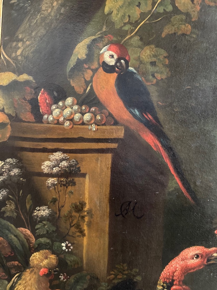 Combat De Volatiles Dans Le Parc d’Un Château, Huile Sur Toile 18ème Siècle-photo-1