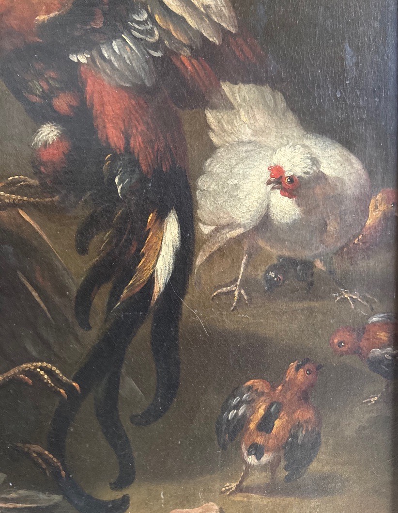 Combat De Volatiles Dans Le Parc d’Un Château, Huile Sur Toile 18ème Siècle-photo-2