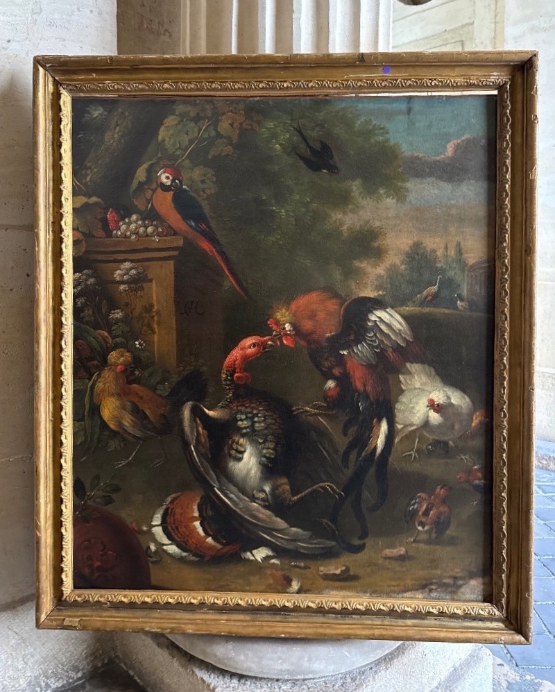 Combat De Volatiles Dans Le Parc d’Un Château, Huile Sur Toile 18ème Siècle