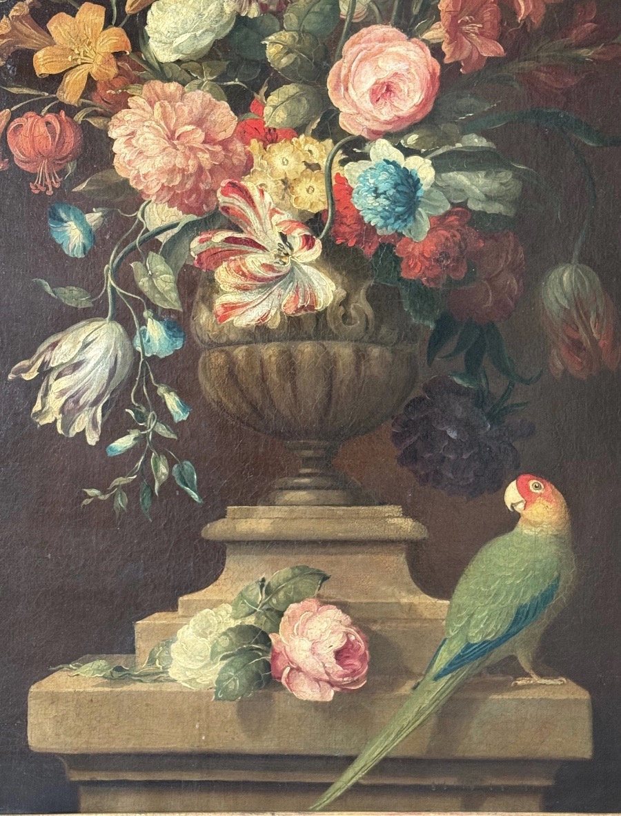 Nature Morte Au Bouquet Et Au Perroquet, Début 19ème Siècle -photo-2