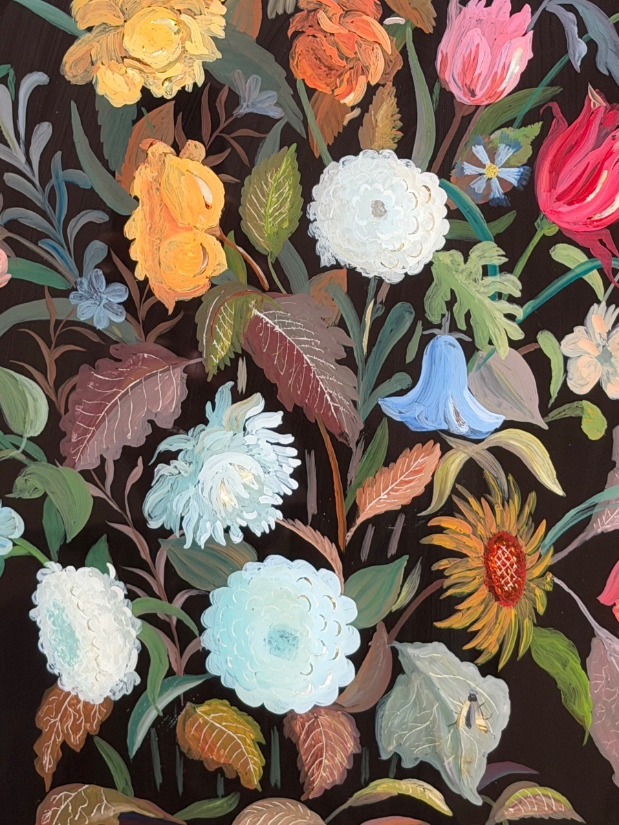 Bouquets de fleurs, paire de peintures sous verre vers 1930-photo-3
