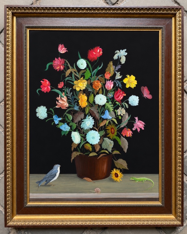 Bouquets de fleurs, paire de peintures sous verre vers 1930-photo-2