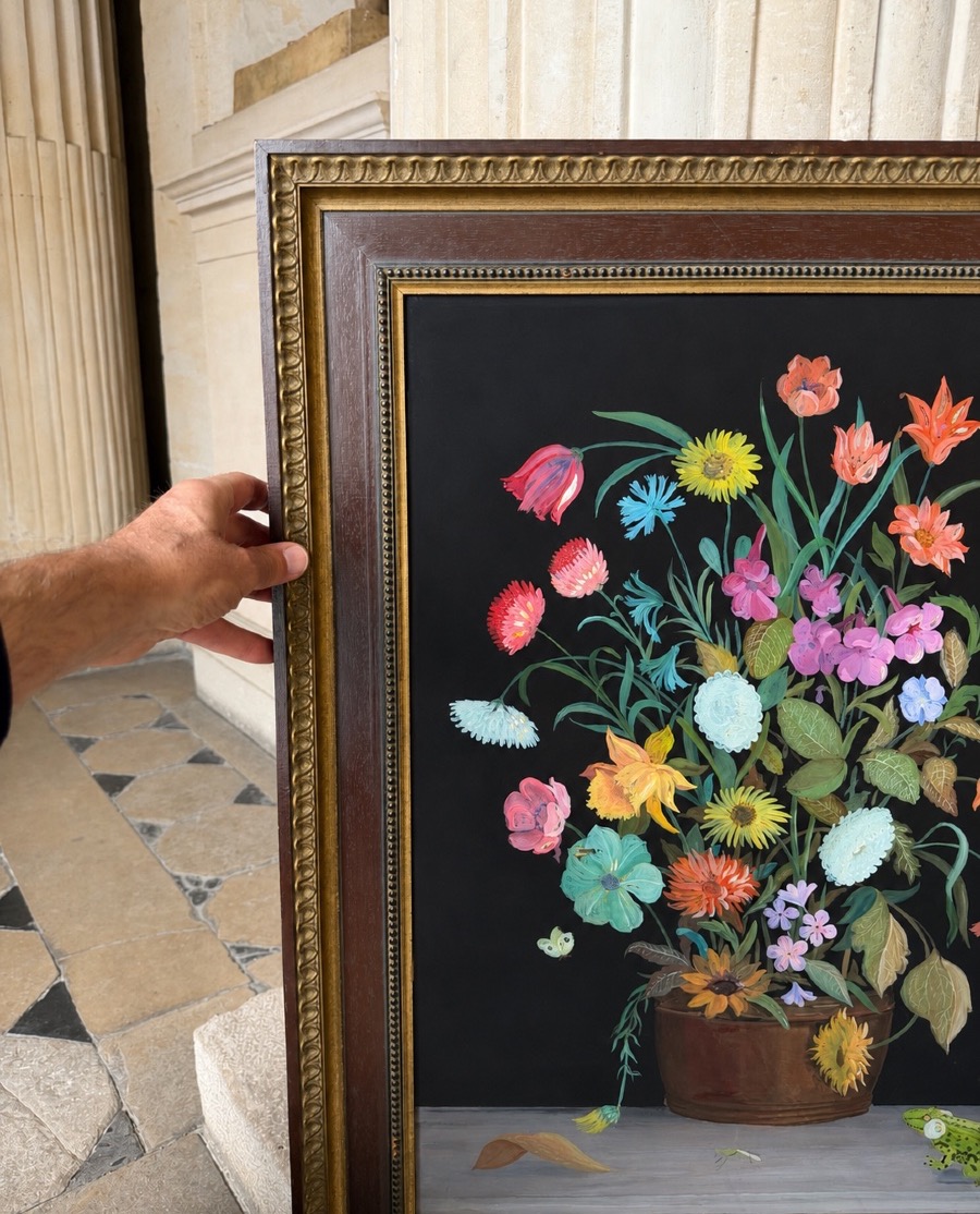 Bouquets de fleurs, paire de peintures sous verre vers 1930-photo-8