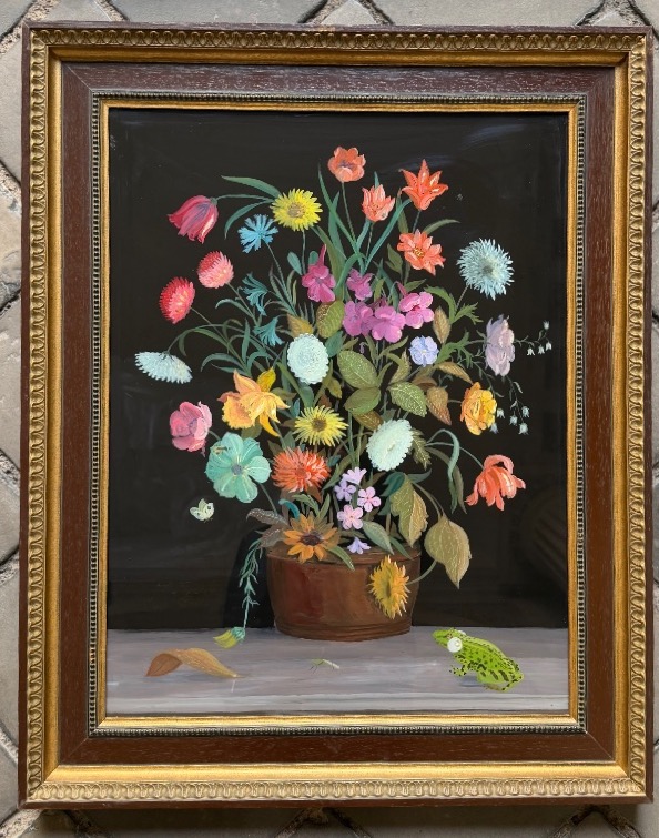 Bouquets de fleurs, paire de peintures sous verre vers 1930-photo-3