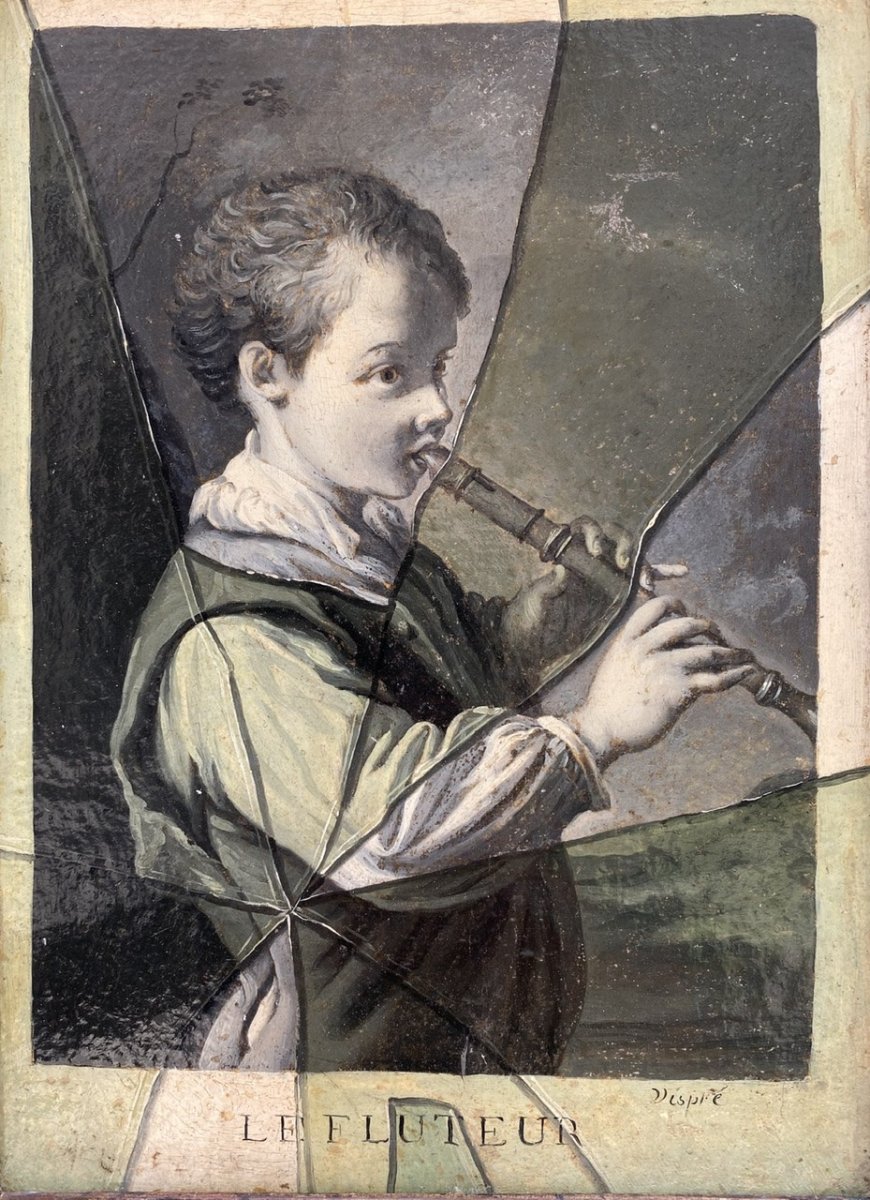 Le Fluteur, Trompe-l’œil Signé Vispré 18ème Siecle-photo-2