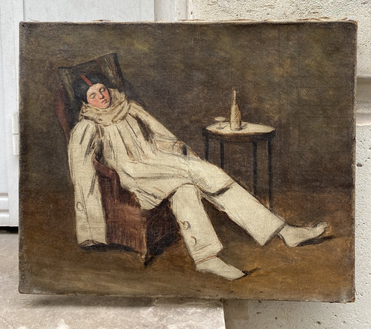 Pierrot Endormi, huile sur toile 19ème siècle 