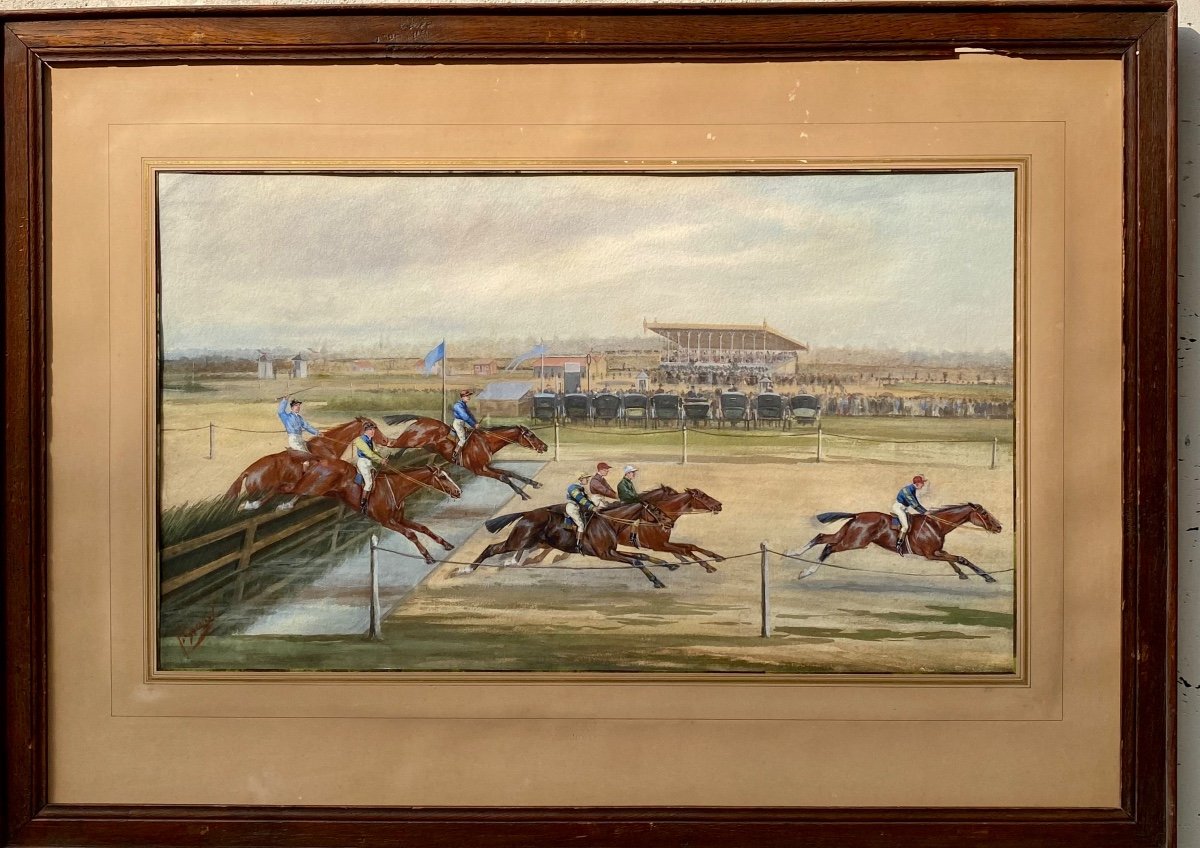 Les Courses à Enghien, aquarelle fin 19ème siècle 