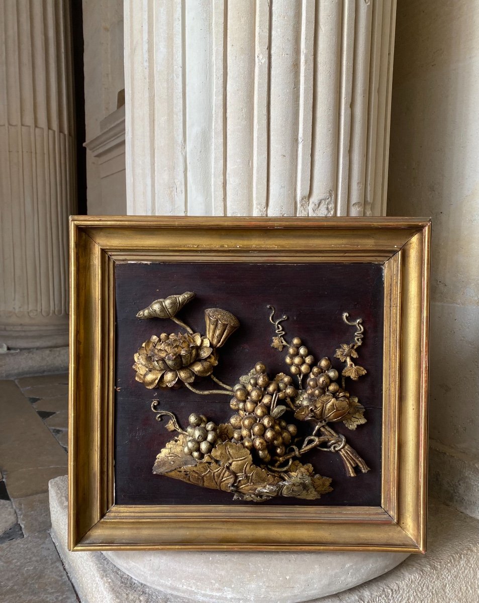 Lotus et Raisins, Paire De Panneaux En Bois Sculpté, Chine 19ème Siècle -photo-2