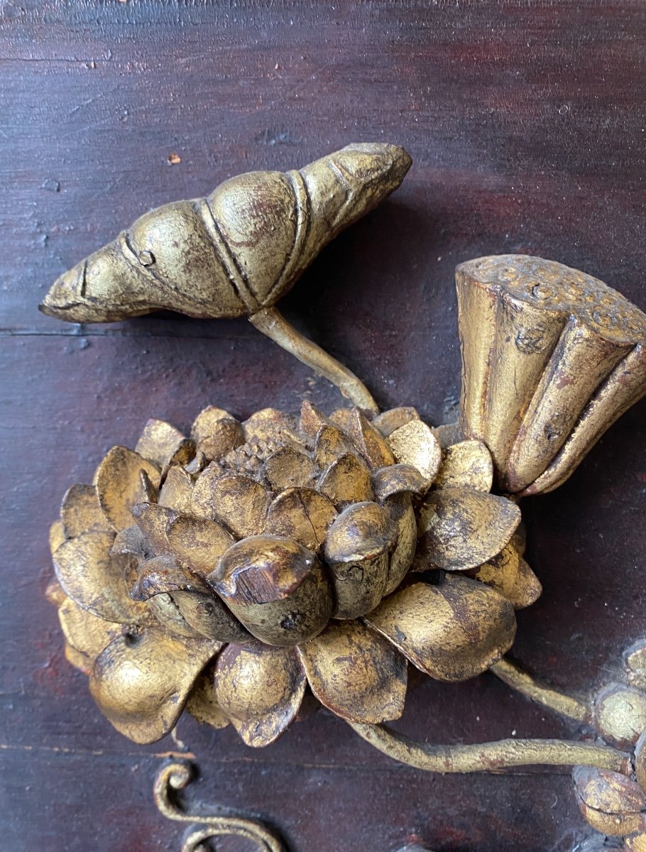 Lotus et Raisins, Paire De Panneaux En Bois Sculpté, Chine 19ème Siècle -photo-3