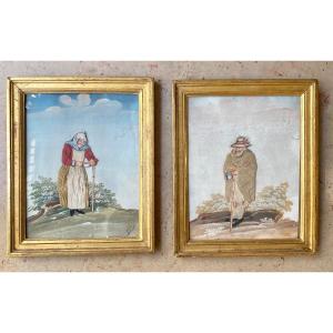 Peasant Couple,  Gouaches Habillées From The 18th Century