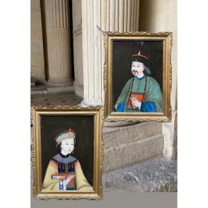 Portraits Of Mandarins, Paintings Under Glass 19th Century 