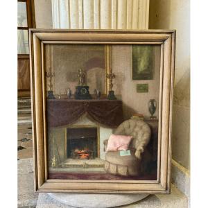 Le Fauteuil Au Coin Du Feu, Huile Sur Toile 19ème Siècle 