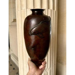 Japanese Bronze Vase With Carp Decoration, Meiji Period 