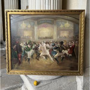 Bal Masqué au Moulin Rouge, Huile Sur Toile Par Chapuis 