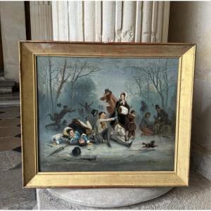 Les Joies Du Patinage, Huile Sur Toile Signée, Vers 1880
