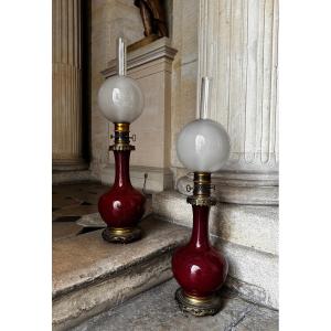 Paire De Lampes À Pétrole, Maison Gagneau Fin 19ème Siècle 