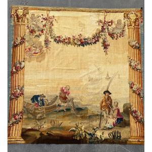 Scène De Pêche Galante Au Bord De L’eau, Tapisserie d’Aubusson Milieu 18ème Siècle 
