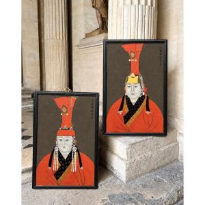 Portraits Of Mongolian Empresses, Large Reverse Glass Painting 20h Century 
