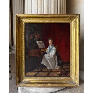 Young Girl With Piano, French School About 1820-1830
