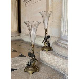 Pair Of Bronze And Crystal Horn Vases Circa 1880
