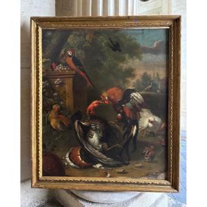 Combat De Volatiles Dans Le Parc d’Un Château, Huile Sur Toile 18ème Siècle