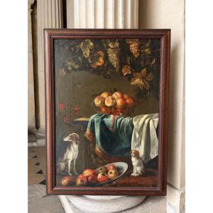 Nature morte aux fruits et aux chiens, école hollandaise fin du 18ème siècle 
