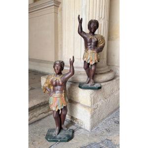 Pair Of Carved Wooden Native American Figures From The Late 19th Century