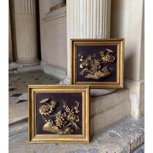 Lotus And Grape, Pair Of Carved Wood Panels, China 19th Century