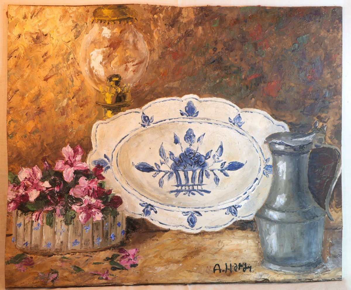 Tableau Hsp André Hardy Nature Morte (scène Intérieur Faïence, Fleurs, étain …) Ref jul24har002-photo-2