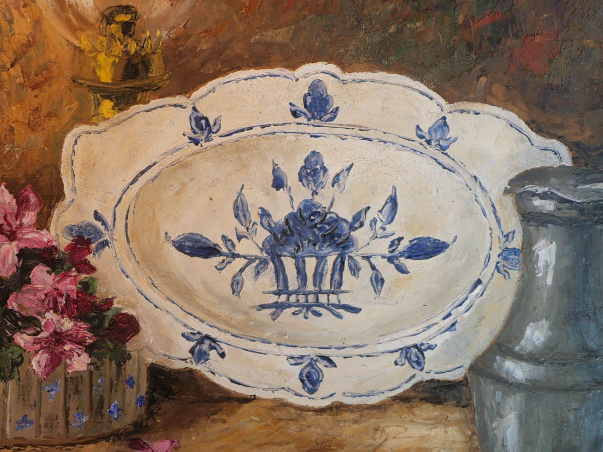 Tableau Hsp André Hardy Nature Morte (scène Intérieur Faïence, Fleurs, étain …) Ref jul24har002-photo-3