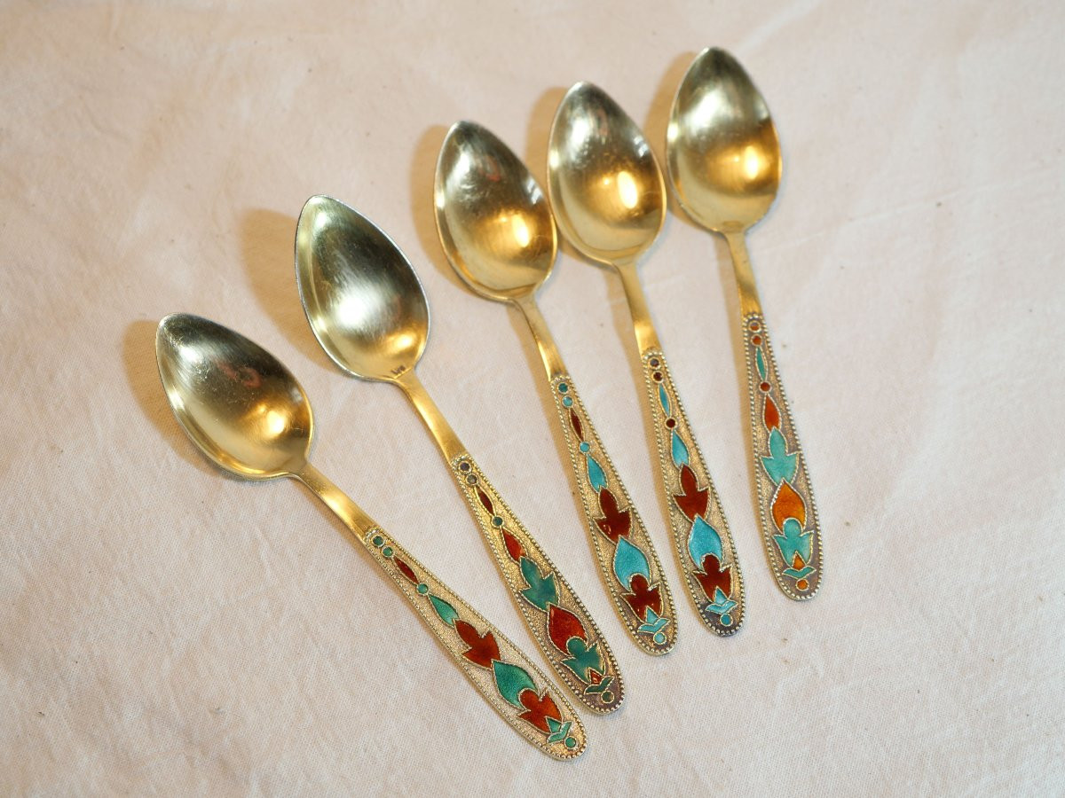 Ensemble 5 Cuillères Argent Soviétique 875 émail Cloisonné Doré Leningrad Rev25rus001-photo-2