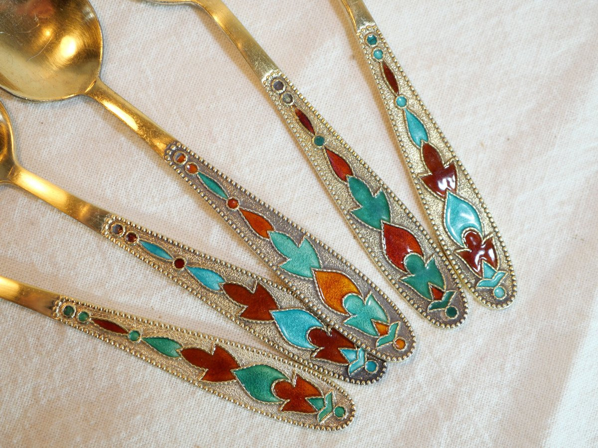 Ensemble 5 Cuillères Argent Soviétique 875 émail Cloisonné Doré Leningrad Rev25rus001-photo-5