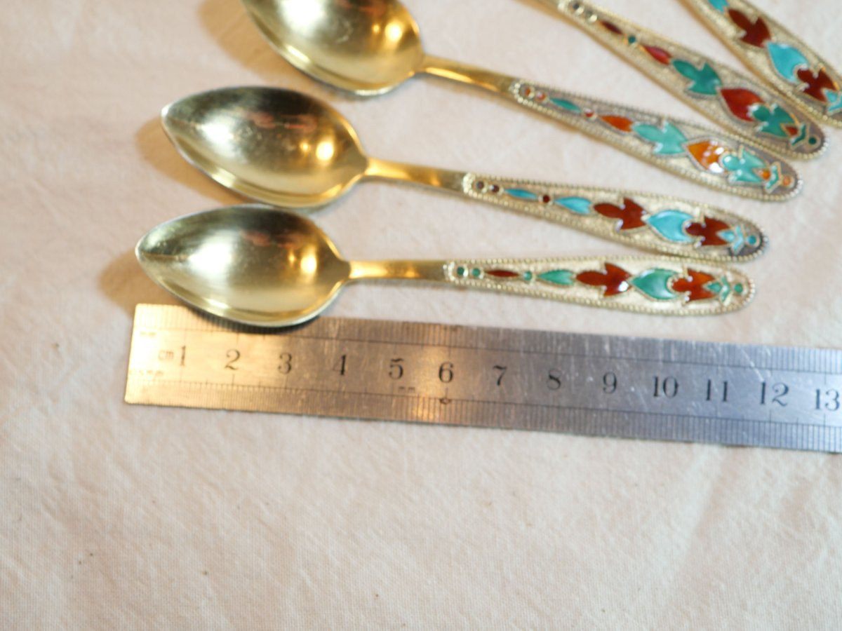 Ensemble 5 Cuillères Argent Soviétique 875 émail Cloisonné Doré Leningrad Rev25rus001-photo-7