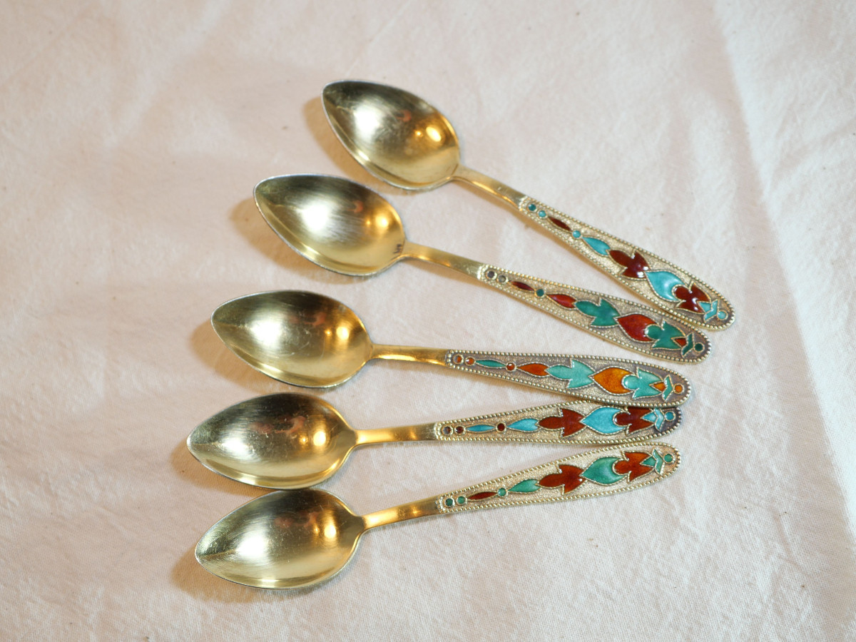 Ensemble 5 Cuillères Argent Soviétique 875 émail Cloisonné Doré Leningrad Rev25rus001