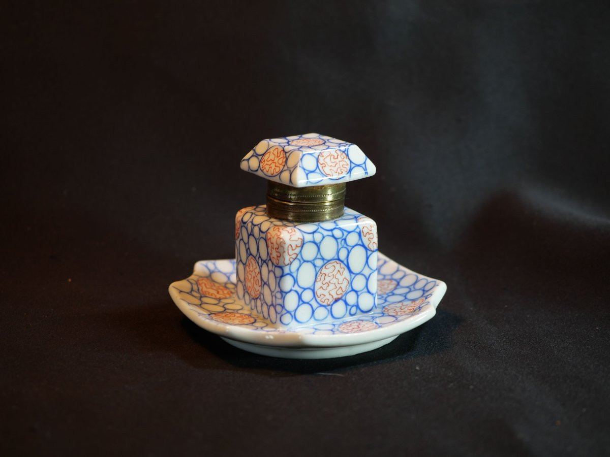 Encrier porcelaine IMARI forme carrée avec coupelle intégrée à décor fin japonisant PER25ENC001-photo-2