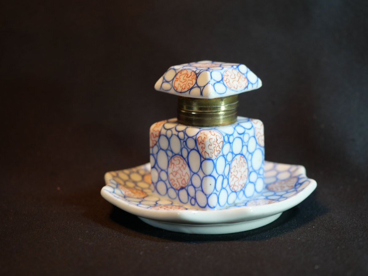Encrier porcelaine IMARI forme carrée avec coupelle intégrée à décor fin japonisant PER25ENC001-photo-4