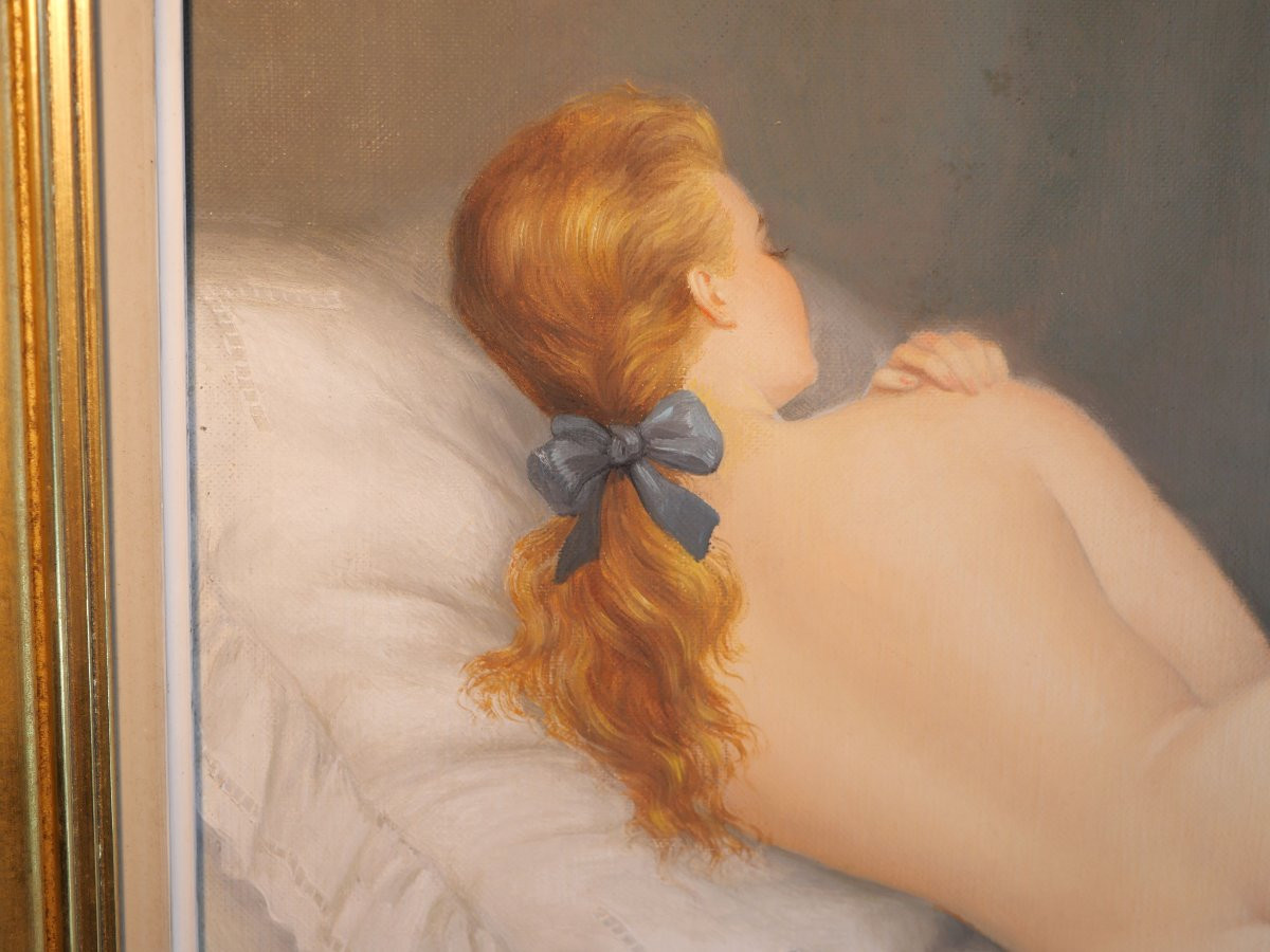 HST - Peinture R. HOUY (XXe siècle)  Femme nue callipyge noeud bleu huile sur toile SCN25HST001-photo-4