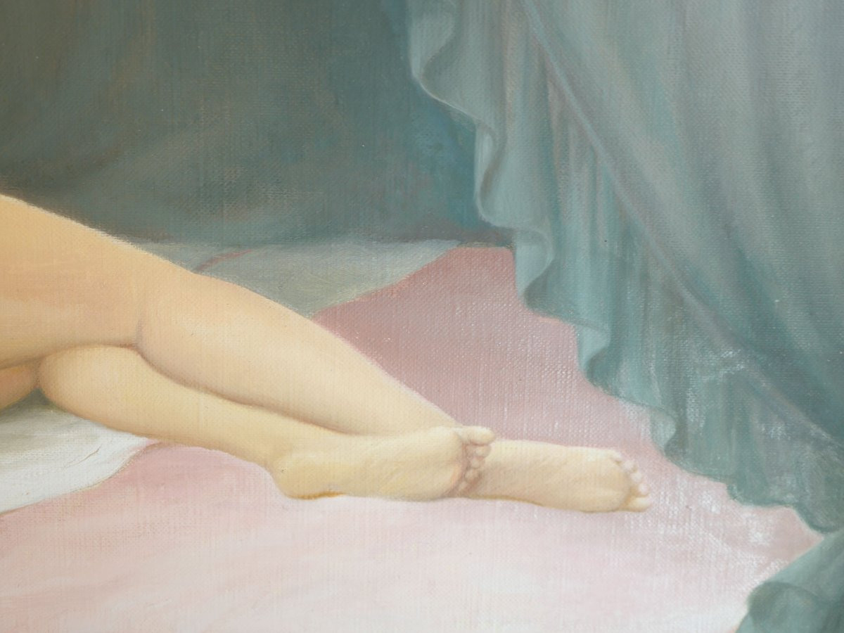 HST - Peinture R. HOUY (XXe siècle)  Femme nue callipyge noeud bleu huile sur toile SCN25HST001-photo-1