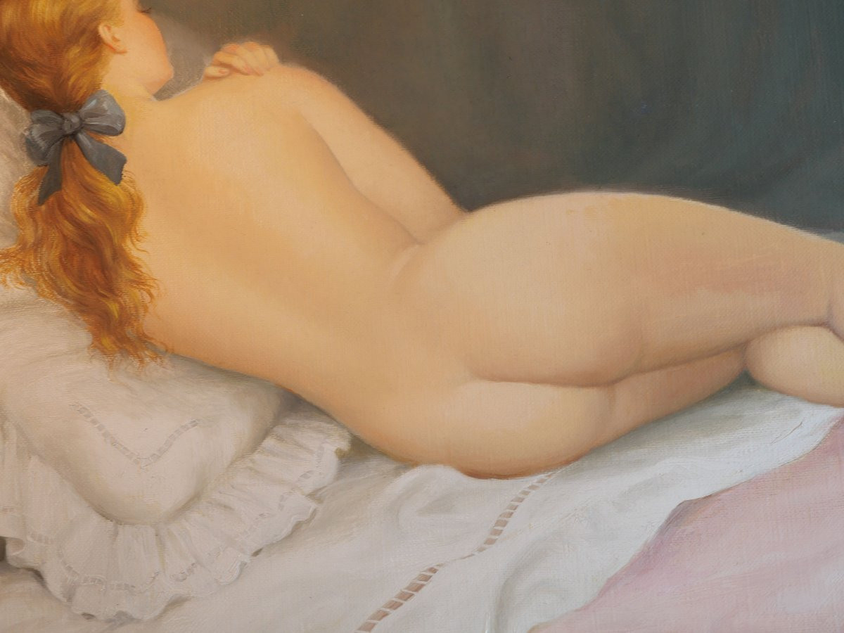 HST - Peinture R. HOUY (XXe siècle)  Femme nue callipyge noeud bleu huile sur toile SCN25HST001-photo-2