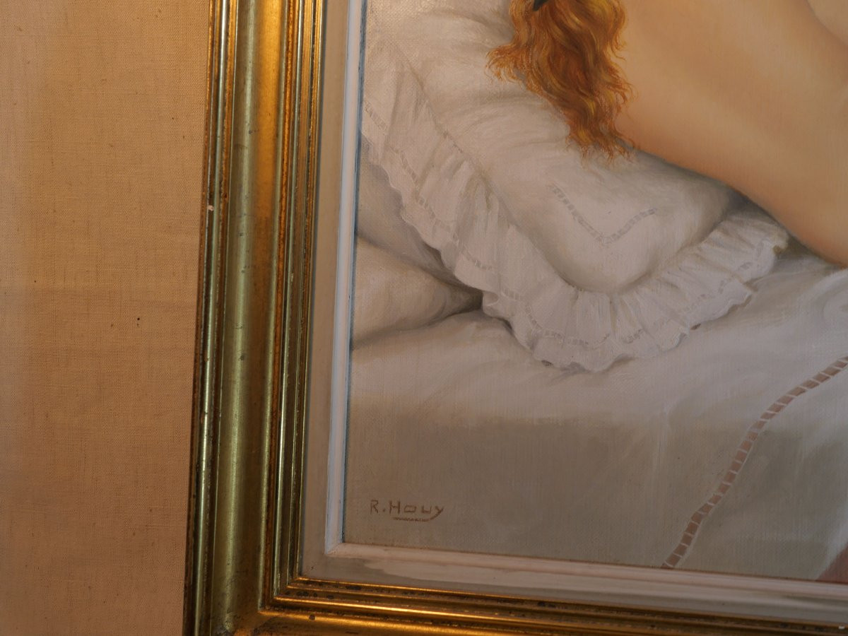 HST - Peinture R. HOUY (XXe siècle)  Femme nue callipyge noeud bleu huile sur toile SCN25HST001-photo-5