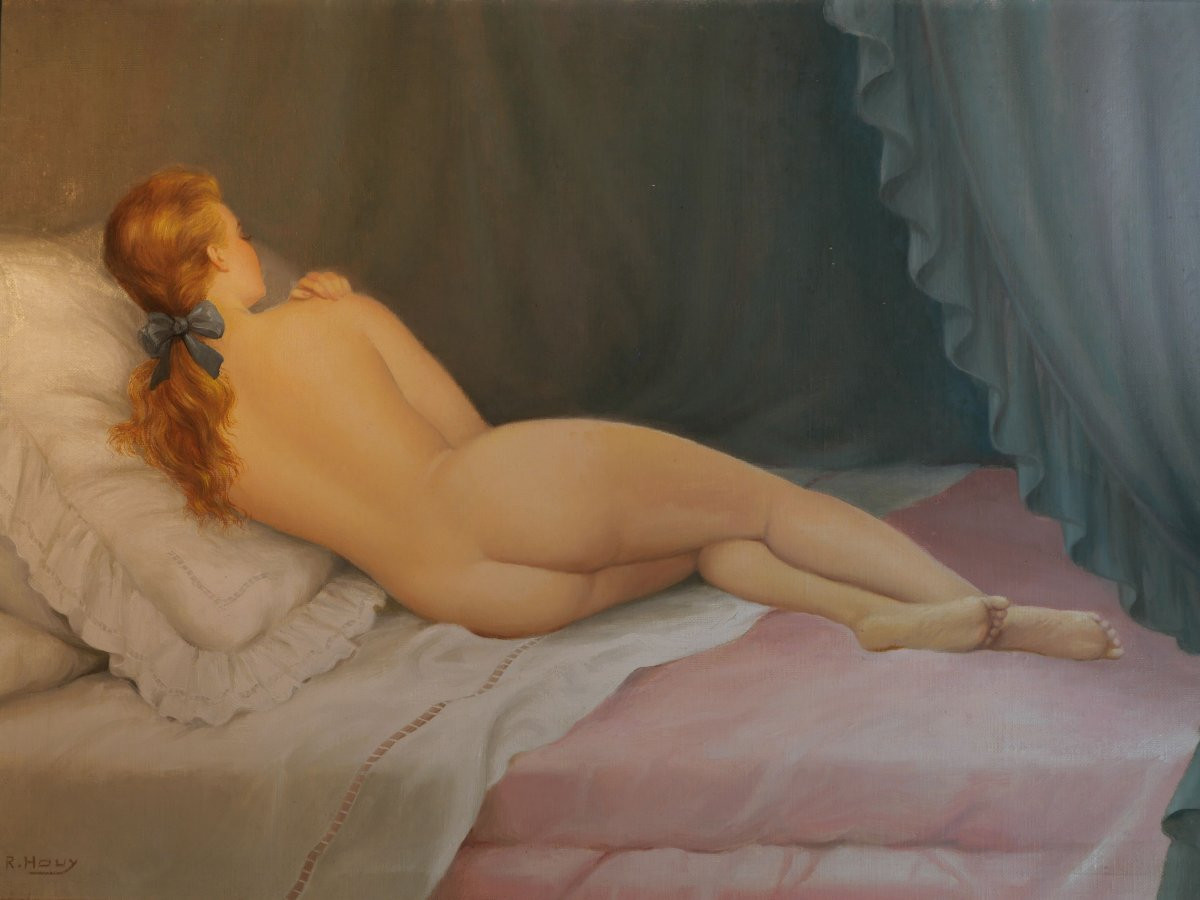 HST - Peinture R. HOUY (XXe siècle)  Femme nue callipyge noeud bleu huile sur toile SCN25HST001-photo-7
