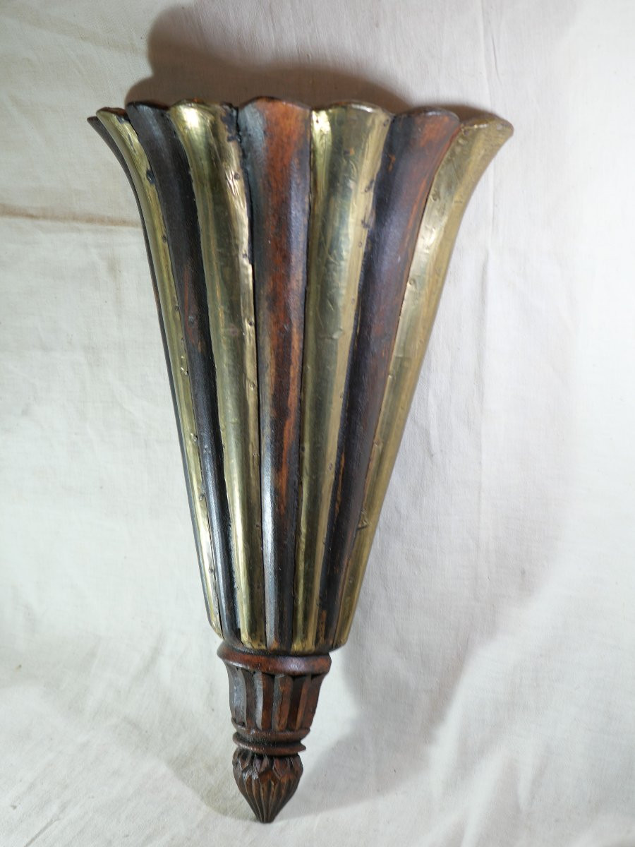 Sconce Carved Wood Gadrooned Cone Shape Several Parts Brass Veneer Sbx25apl001-photo-2